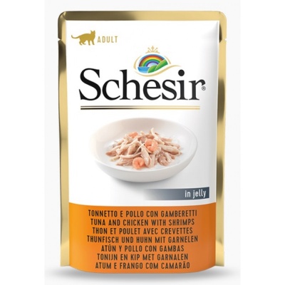 Schesir (Italy)Cat-ТУНЕЦ, КУРИНОЕ ФИЛЕ И КРЕВЕТКИ В ЖЕЛЕ, 85г