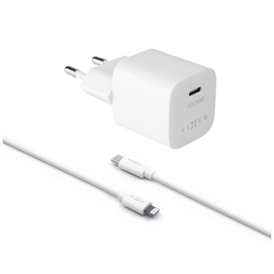 Fixed Mini USB-C Travel Charger USB-C/Lightning Cable Fast charging, White, 20 W