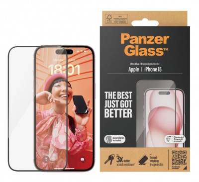 PanzerGlass Screen protector, Apple, iPhone 15, Glass, Clear, Ultra-Wide Fit