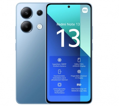 Xiaomi Redmi Note 13 Ice Blue 6.67 " AMOLED 1080 x 2400 pixels Qualcomm SM6225 Snapdragon 685 (6 nm) Internal RAM 6 GB 128 GB Dual SIM Nano-SIM 4G Main camera 108+8+2 MP Secondary camera 16 MP Android 13 5000 mAh