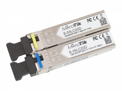 MikroTik Pair of SFP modules S-3553LC20D (S-35LC20D 1.25G SM 20km T1310nm/R1550nm + S-53LC20D 1.25G SM 20km T1550nm/R1310nm) | MikroTik | Maximum transfer distance 20000 m