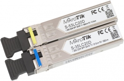 MikroTik Pair of SFP modules S-3553LC20D (S-35LC20D 1.25G SM 20km T1310nm/R1550nm + S-53LC20D 1.25G SM 20km T1550nm/R1310nm) | MikroTik | Maximum transfer distance 20000 m