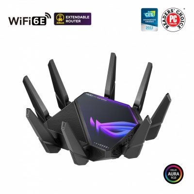 Wifi 6 802.11ax Quad-band Gigabit Gaming Router | ROG GT-AXE16000 Rapture | 802.11ax | 1148+4804+4804+48004 Mbit/s | 10/100/1000 Mbit/s | Ethernet LAN (RJ-45) ports 4 | Mesh Support Yes | MU-MiMO Yes | No mobile broadband | Antenna type External/Internal 