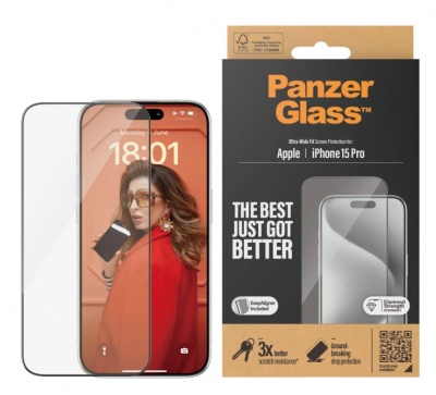 PanzerGlass | Screen protector | Apple | iPhone 15 Pro | Glass | Clear | Easy installation; Fingerprint resistant; Anti-yellowing | Ultra-Wide Fit