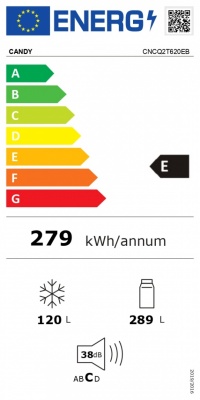 Refrigerator | CNCQ2T620EB | Energy efficiency class E | Free standing | Combi | Height 205 cm | No Frost system | Fridge net capacity 289 L | Freezer net capacity 120 L | Display | 38 dB | Black