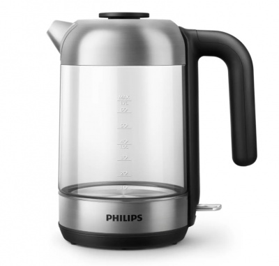 Akcija! PHILIPS Tējkanna 1.7 l, stikla, melna/sudraba