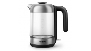 Akcija! PHILIPS Tējkanna 1.7 l, stikla, melna/sudraba