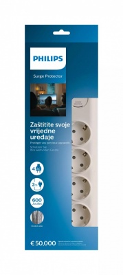 Akcija! PHILIPS īssavienojuma aizsargātājs, 4 rozetes