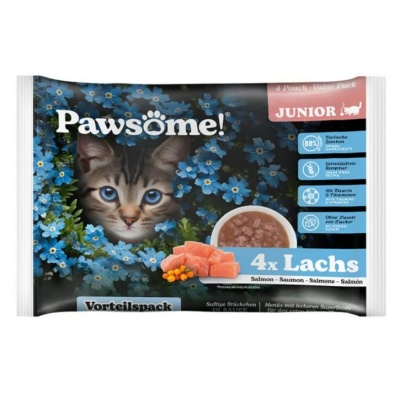 Pawsome! Junior Lachs, 4x85g - bezgraudu gaļas gabaliņi ar lasi mērcē kaķēniem