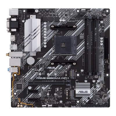 Asus | PRIME B550M-A WIFI II | Processor family AMD | Processor socket AM4 | DDR4 DIMM | Memory slots 4 | Supported hard disk drive interfaces 	SATA, M.2 | Number of SATA connectors 4 | Chipset AMD B550 | microATX