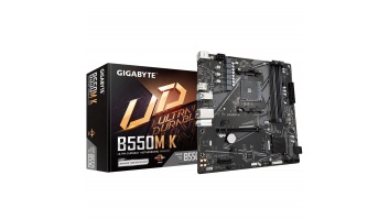 Gigabyte | B550M K 1.0 M/B | Processor family AMD | Processor socket AM4 | DDR4 DIMM | Memory slots 4 | Supported hard disk drive interfaces 	SATA, M.2 | Number of SATA connectors 4 | Chipset AMD B550 | Micro ATX