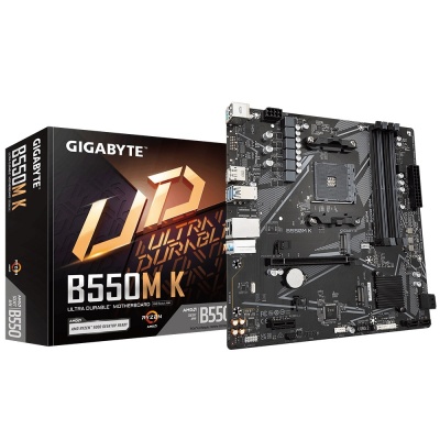 Gigabyte | B550M K 1.0 M/B | Processor family AMD | Processor socket AM4 | DDR4 DIMM | Memory slots 4 | Supported hard disk drive interfaces 	SATA, M.2 | Number of SATA connectors 4 | Chipset AMD B550 | Micro ATX