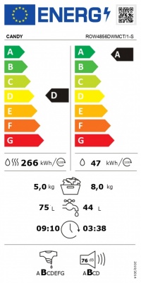 Candy | Washing Machine with Dryer | ROW4856DWMCT/1-S | Energy efficiency class A | Front loading | Washing capacity 8 kg | 1400 RPM | Depth 53 cm | Width 60 cm | Display | TFT | Drying system | Drying capacity 5 kg | Steam function | Wi-Fi