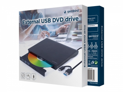 Gembird | External USB DVD Drive | DVD-USB-03 | Interface USB 3.1 Gen 1 | DVD±RW (±R DL) / DVD-RAM | CD read speed 24 x | CD write speed 24 x | Black