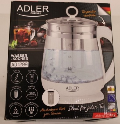 SALE OUT. Adler AD 1299 Kettle with Temperature Control and Tea Infuser, Electric, Power 2200W, Capacity 1.5 L, White | Adler | Kettle | AD 1299 | Electric | 2200 W | 1.5 L | Glass/Stainless steel | 360° rotational base | White | DAMAGED PACKAGING