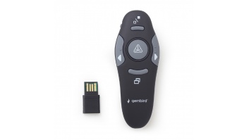 Gembird | Wireless presenter with laser pointer | WP-L-01 | Black | Depth 25 mm | Height 105 mm | Red laser pointer. 4 buttons to control most used PowerPoint presentation functions. Interface: USB. Presenter control distance: up to 10 m. | Yes | Weight 6