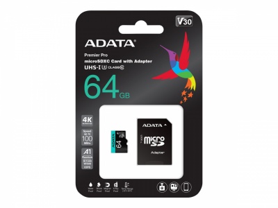 ADATA | Premier Pro UHS-I U3 V30S | 64 GB | MicroSDXC | Flash memory class 10 | Adapter