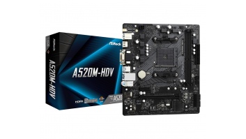 ASRock | A520M-HDV | Processor family AMD | Processor socket AM4 | DDR4 DIMM | Memory slots 2 | Supported hard disk drive interfaces 	SATA, M.2 | Number of SATA connectors 4 | Chipset AMD A520 | Micro ATX