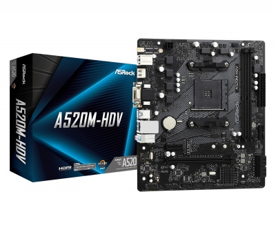 ASRock | A520M-HDV | Processor family AMD | Processor socket AM4 | DDR4 DIMM | Memory slots 2 | Supported hard disk drive interfaces 	SATA, M.2 | Number of SATA connectors 4 | Chipset AMD A520 | Micro ATX