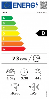 Candy Washing Machine | TCA283D2-S | Energy efficiency class D | Top loading | Washing capacity 8 kg | 1200 RPM | Depth 60 cm | Width 41 cm | Display | Digit | White