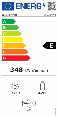 LG Refrigerator | GSLC41EPPE | Energy efficiency class E | Free standing | Side by side | Height 179 cm | Fridge net capacity 420 L | Freezer net capacity 221 L | Display | 36 dB | Black