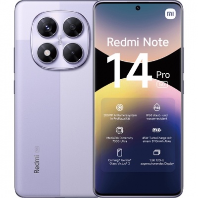 Xiaomi Redmi | Note 14 Pro | Lavender Purple | 6.67 " | AMOLED | 1220 x 2712 pixels | Mediatek | Internal RAM 8 GB | 256 GB | Dual SIM | 5G | Main camera resolution 50+8+2 MP | Secondary camera resolution 20 MP | Android | 14