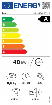 Candy Washing Machine | RO 284DWMS7/1-S | Energy efficiency class A | Front loading | Washing capacity 8 kg | 1200 RPM | Depth 53 cm | Width 60 cm | Display | TFT | Steam function | Wi-Fi | White